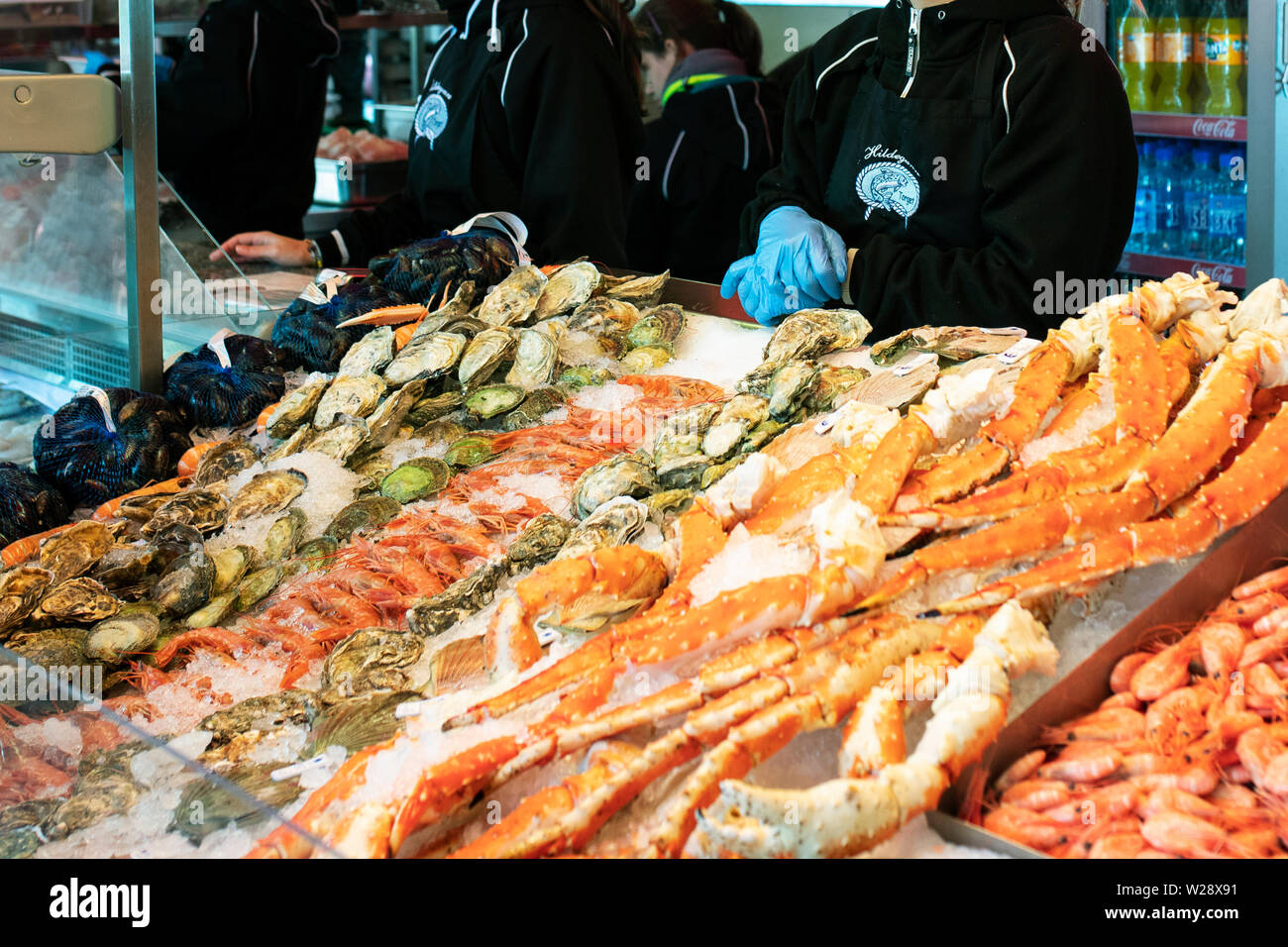 Fresh seafood for sale at the fish market in Bergen, Norway Stock Photo