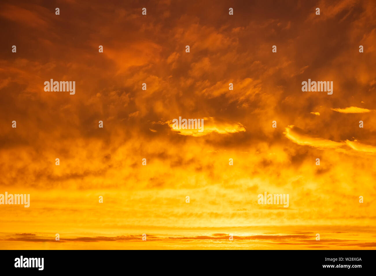 Orange sky Colorful sunset. Flaming orange clouds after rain. Abstract background. Stock Photo