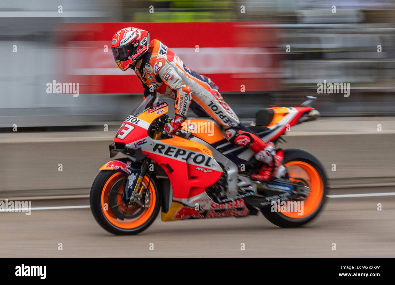 Hohenstein Ernstthal, Germany. 07th July, 2019. Motorcycle, Grand Prix of  Germany, Warm up MotoGP at the Sachsenring: Rider Marc Marquez (Spain,  Repsol Honda Team) rides out of the pit lane. Credit: Robert