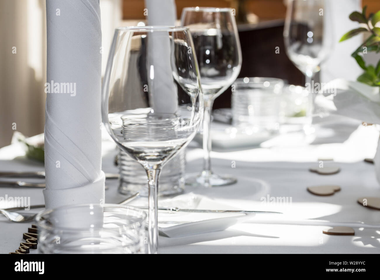 Table decoration of a wedding with glasses cutlery and decoration, Germany Stock Photo