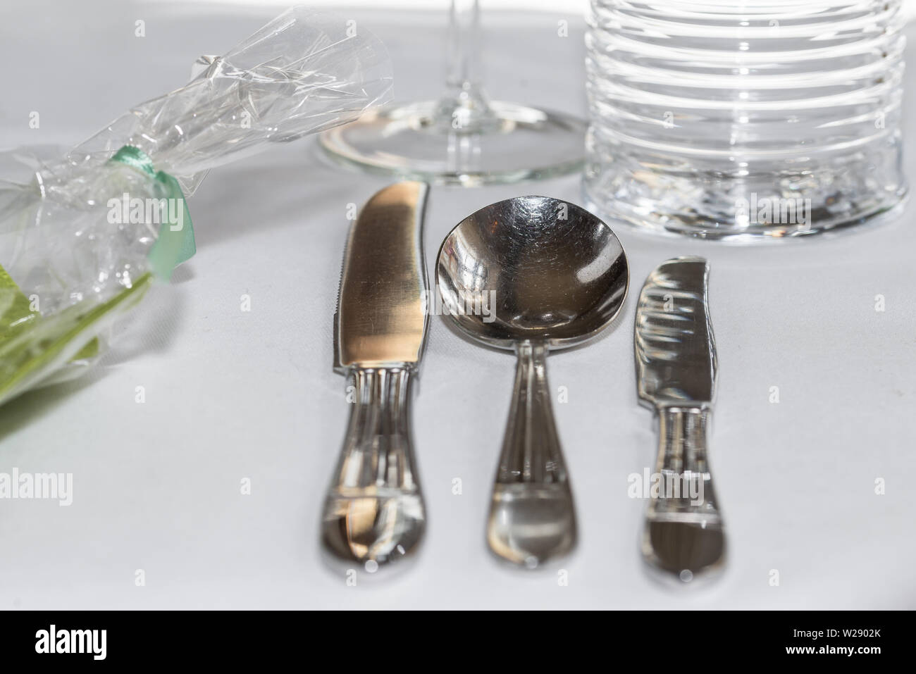 Table decoration of a wedding with glasses cutlery and decoration, Germany Stock Photo