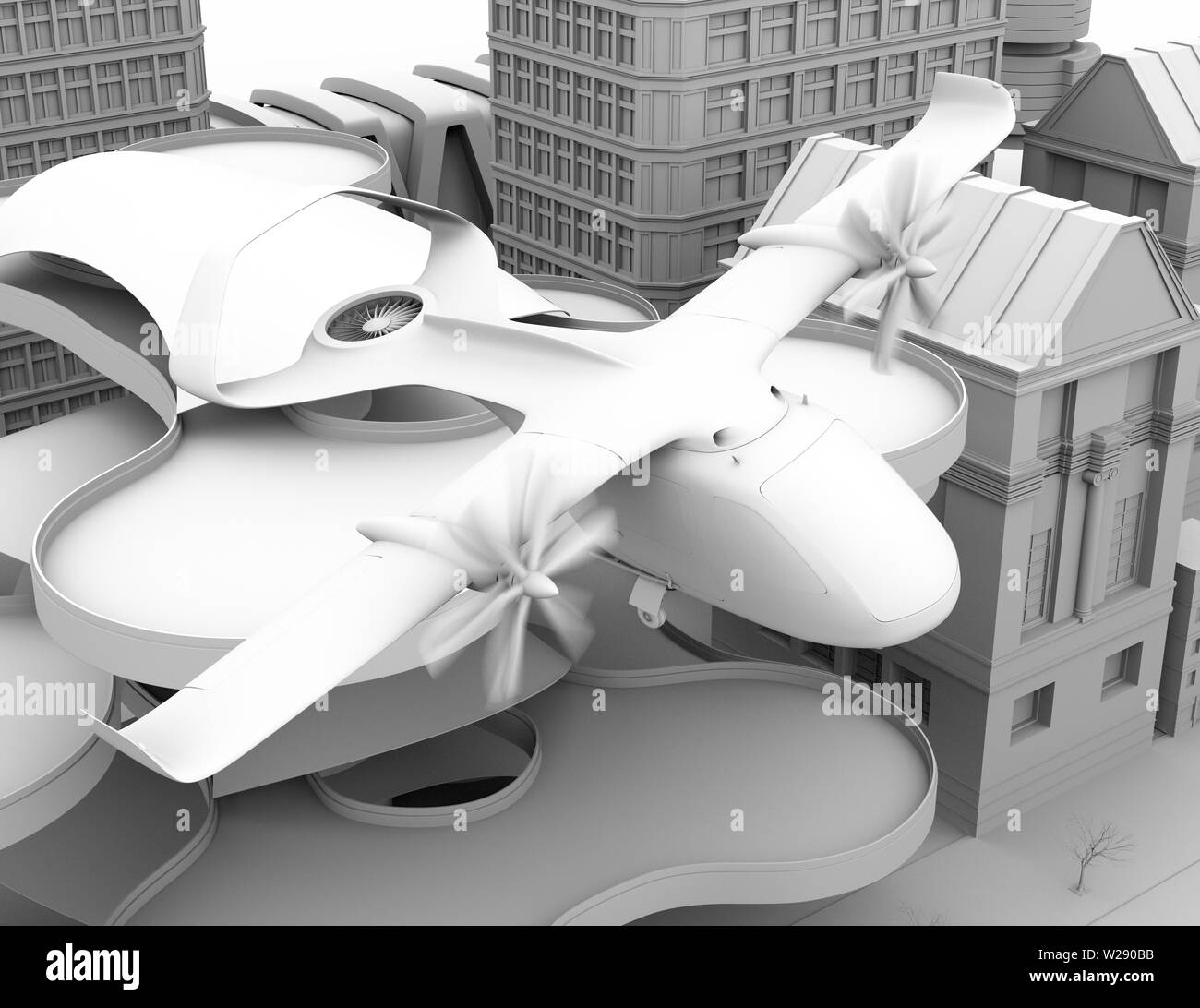 Clay rendering of E-VTOL passenger aircraft closing to airport prepare to landing. 3D rendering image. Stock Photo