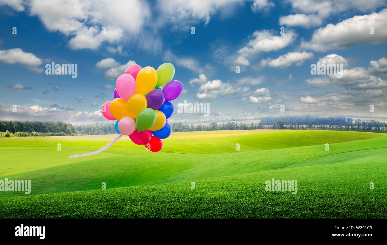 A set of airy, colorful balloons flies over the beautiful meadow in the wind against the blue sky Stock Photo