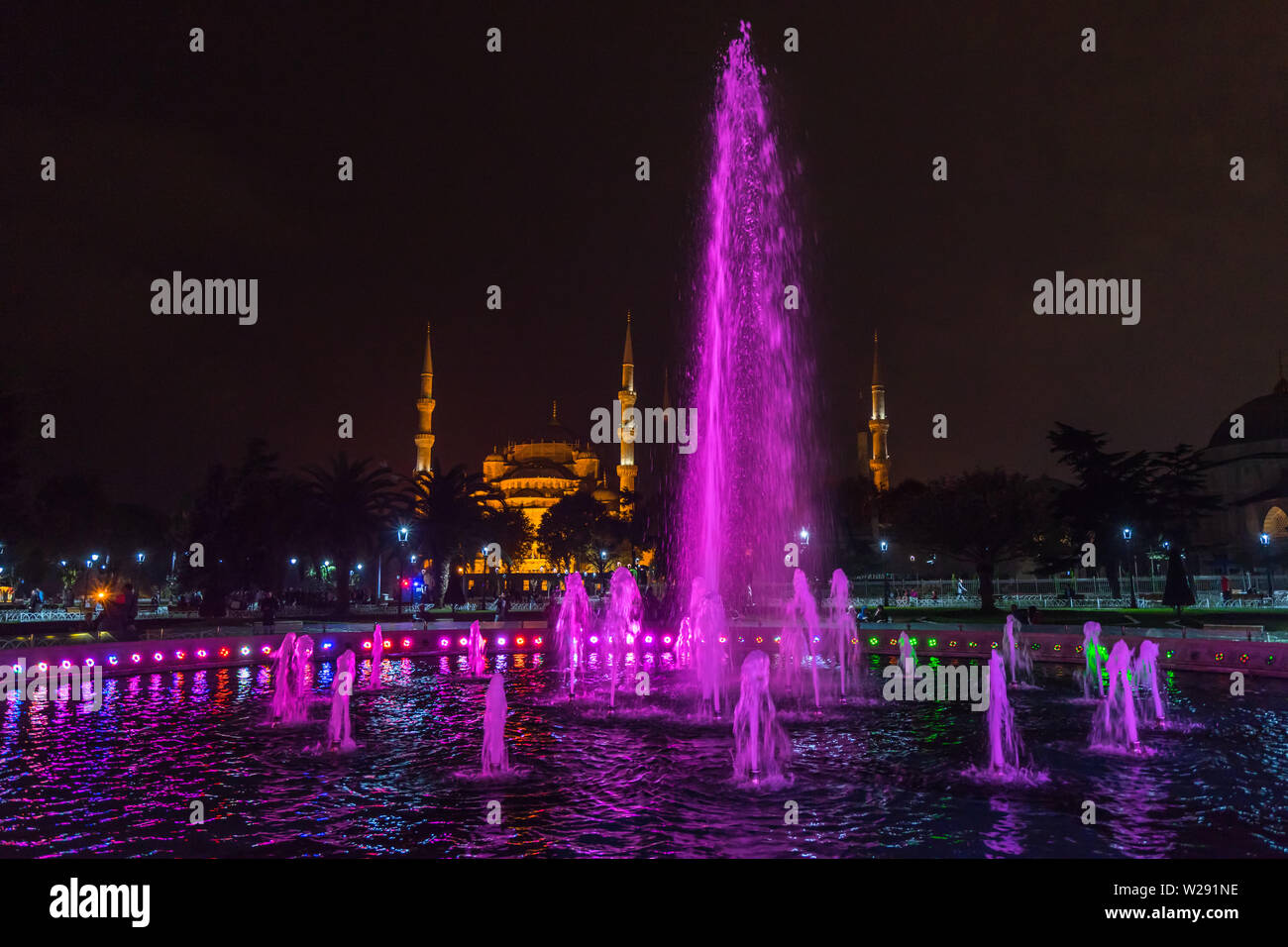 Night cityscape of Sultanahmet square with illuminated fountain and ...