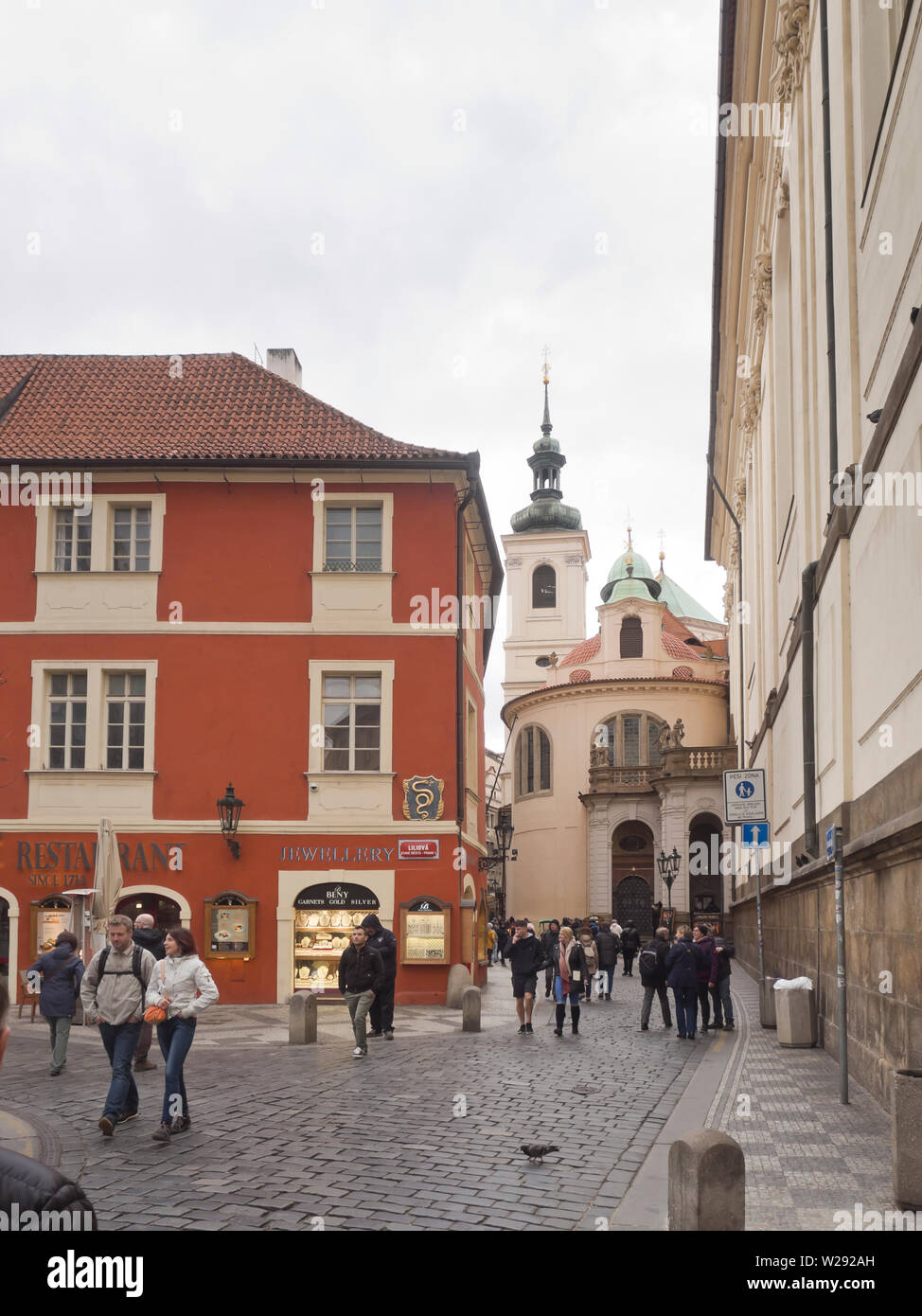 Karlova street in the Old Town, Staré Město, leading from the Charles Bridge to the old town square, narrow and crooked Stock Photo