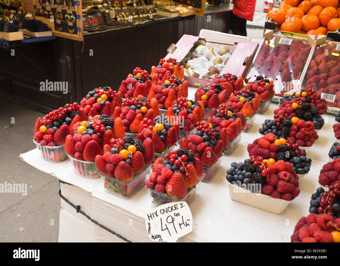 Baskets of fresh fruits and berries for sale in the Havelské tržiště