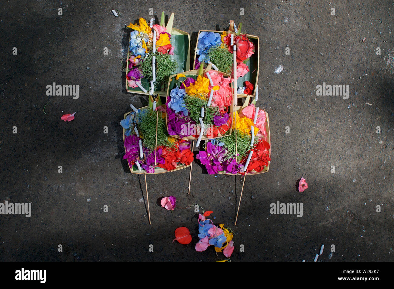 Close up picture of some beautiful decorated Canang Sari, the religious Balinese daily offerings to the gods of the Island Stock Photo