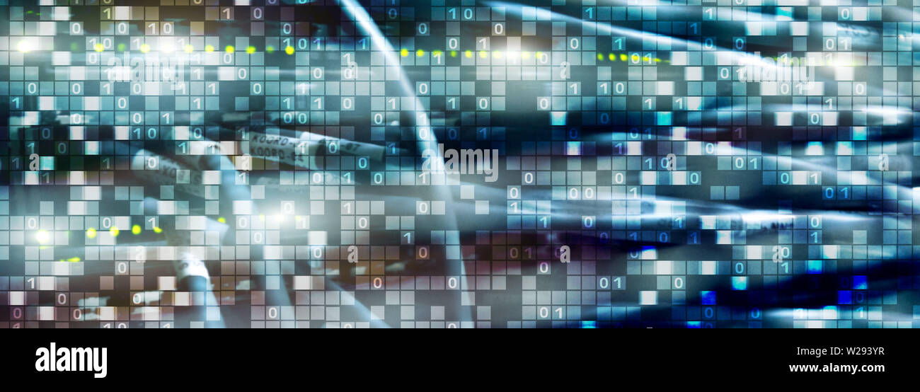 Binary code on datacenter background. Cyber space concept. UniqueTechnology Wallpaper. Stock Photo