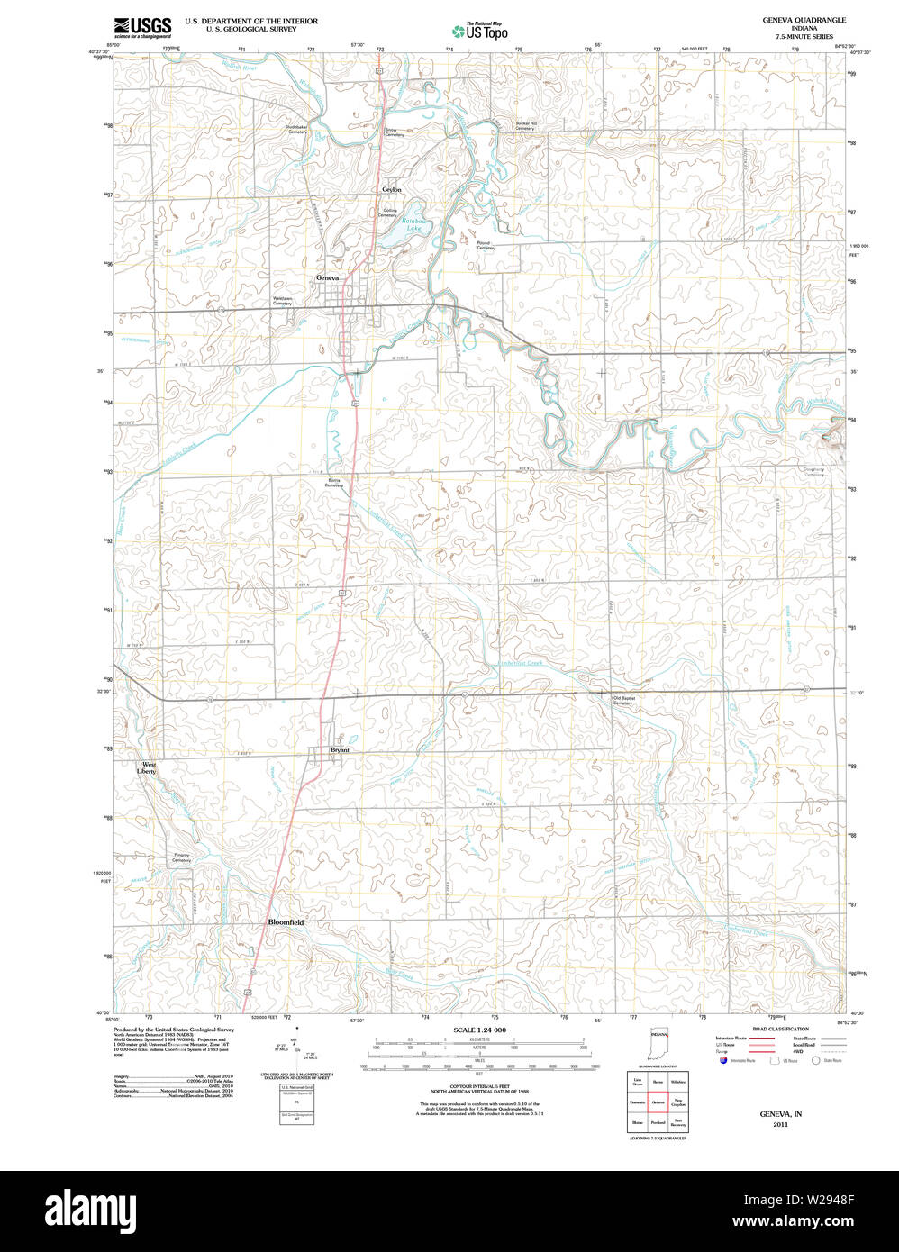 USGS TOPO Map Indiana IN Geneva 20111006 TM Restoration Stock Photo