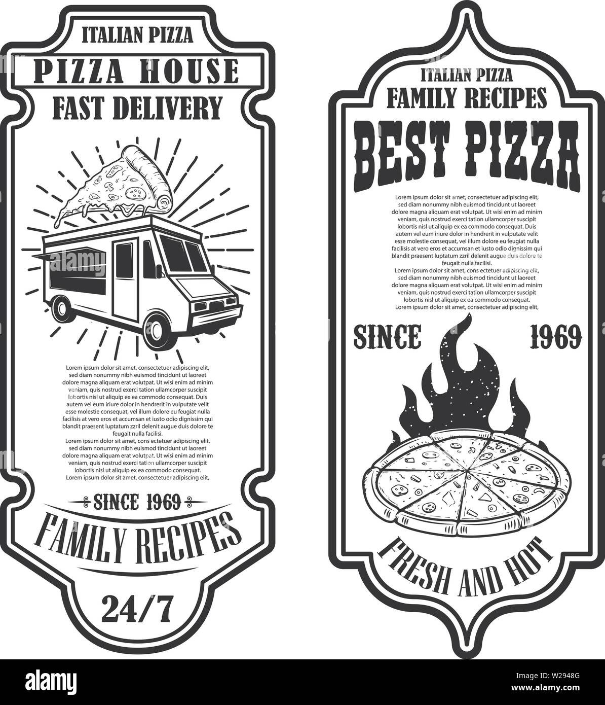Set of flyers of pizzeria. Design elements for logo, label, sign, badge, poster. Stock Vector