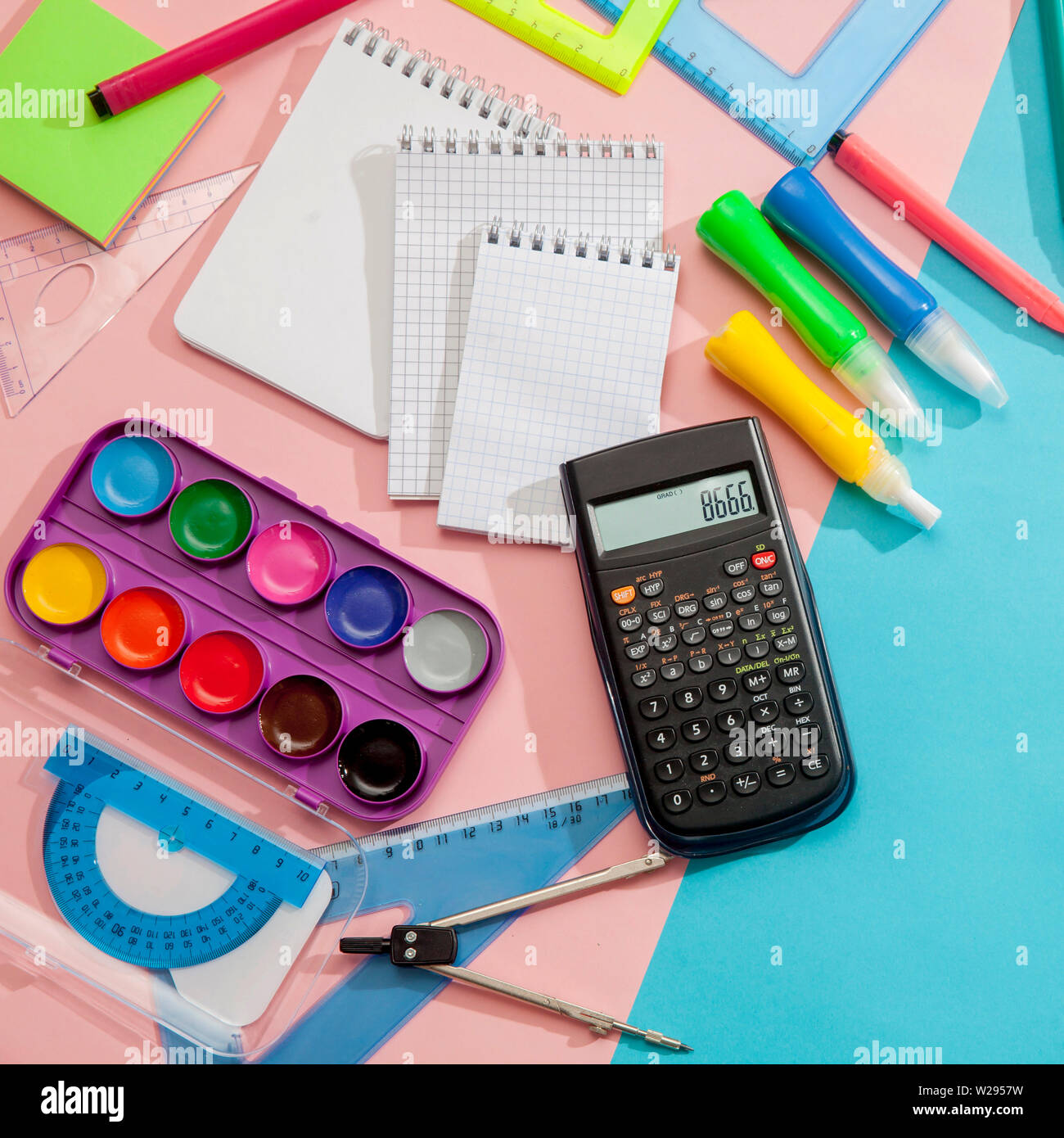 Preparation And Learning Of Primary School Children Bright And Multicolored School Background With Stationery Accessories For The Study Of General Su Stock Photo Alamy