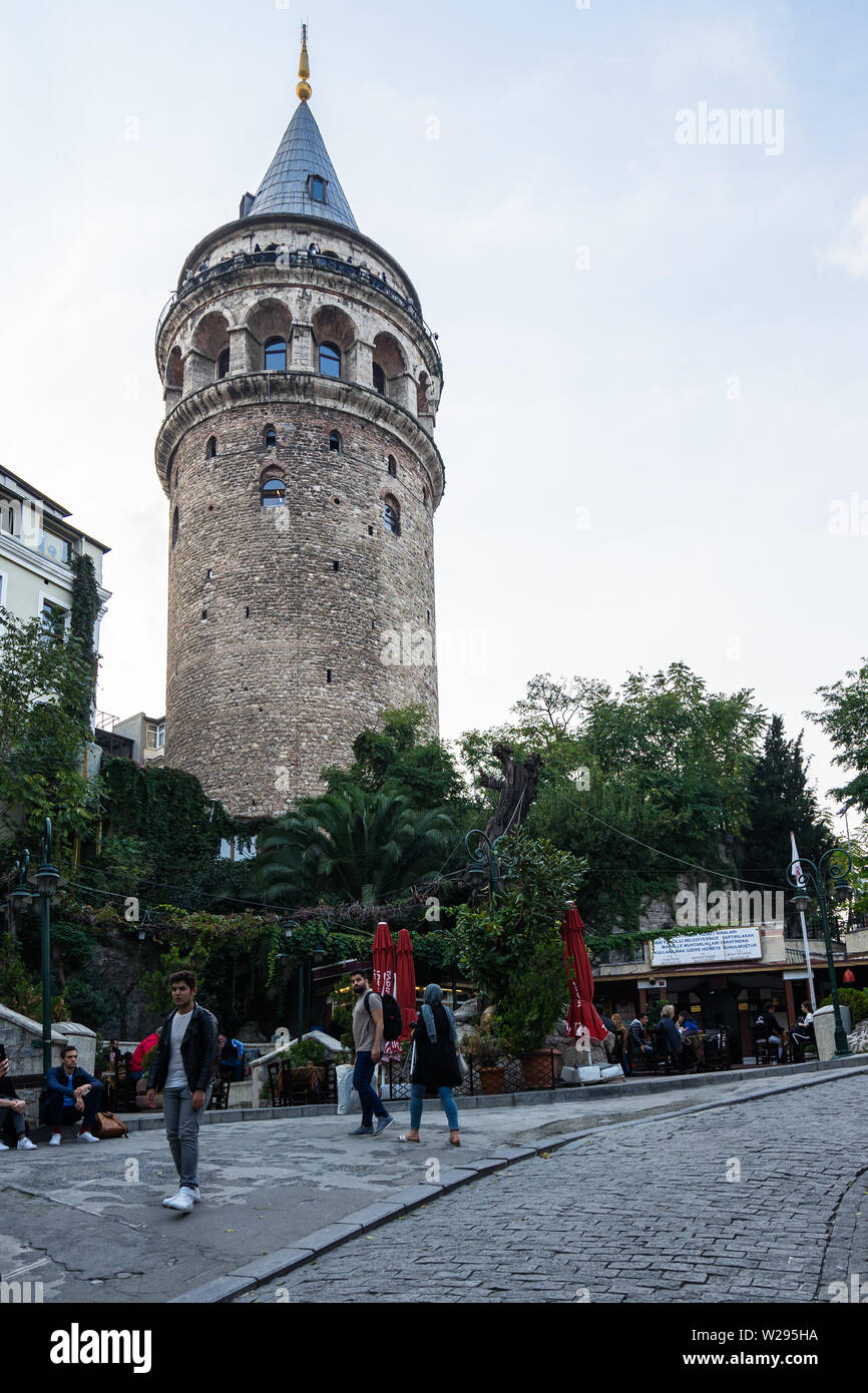 Galata Tower is a popular landmark of Istanbul, located in Karaköy neighborhood. Istanbul, Turkey, October 2018 Stock Photo
