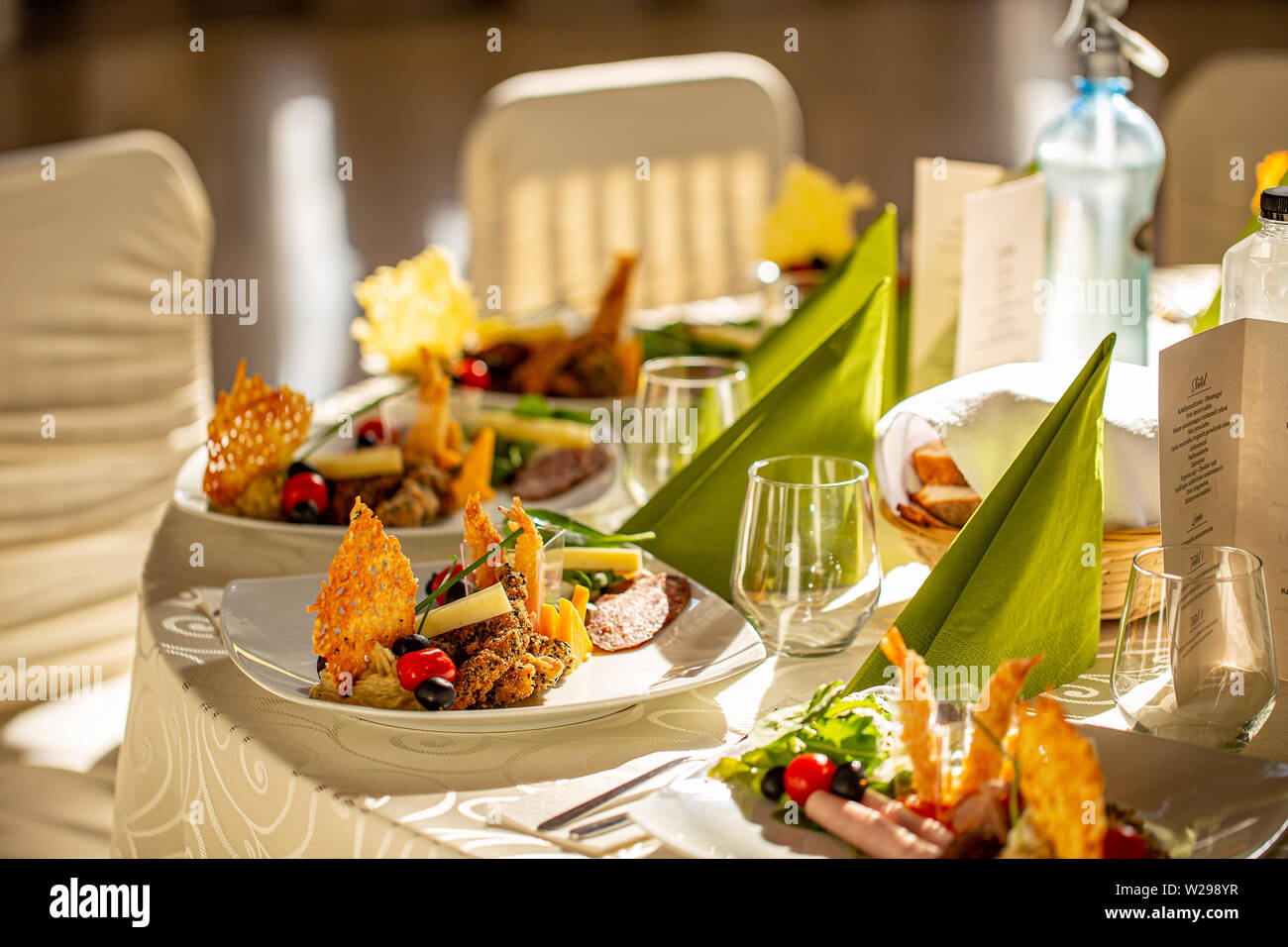 Delicious starter plate served on restaurant table Stock Photo Alamy