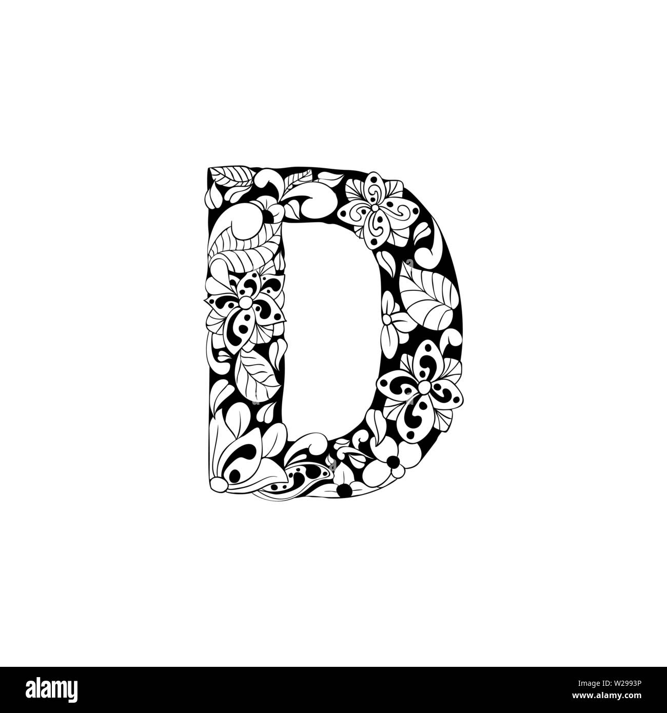 Floral letter outline illustration. Alphabet symbol for coloring book or laser cutting. Leaves, flowers, petals doodle drawing. Monochrome linear blossom. Monogram with black and white batik texture Stock Vector