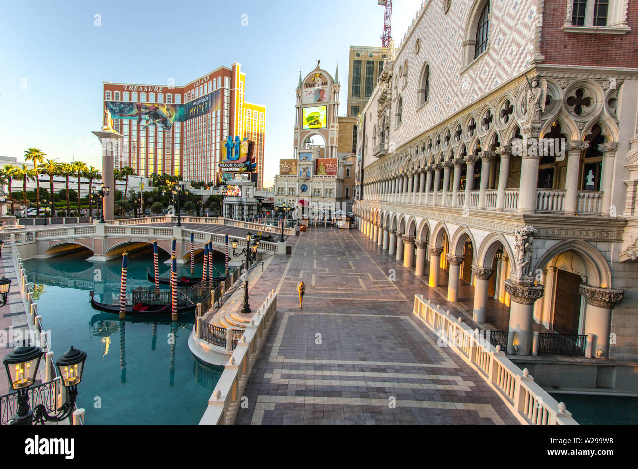 Las Vegas, Nevada, USA - May 6, 2019: Exterior of the Venetian Hotel and Casino on the Las Vegas strip with Treasure Island Stock Photo