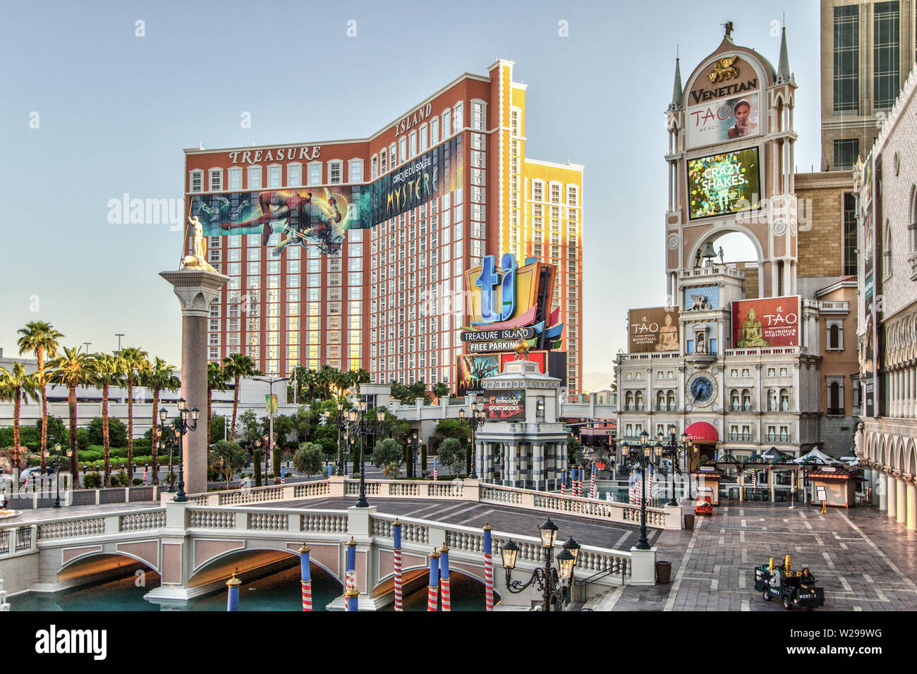 Las Vegas, Nevada, USA - May 6, 2019: The Las Vegas Strip in the early morning with Treasure Island and the exterior of the Venetian Resort Stock Photo