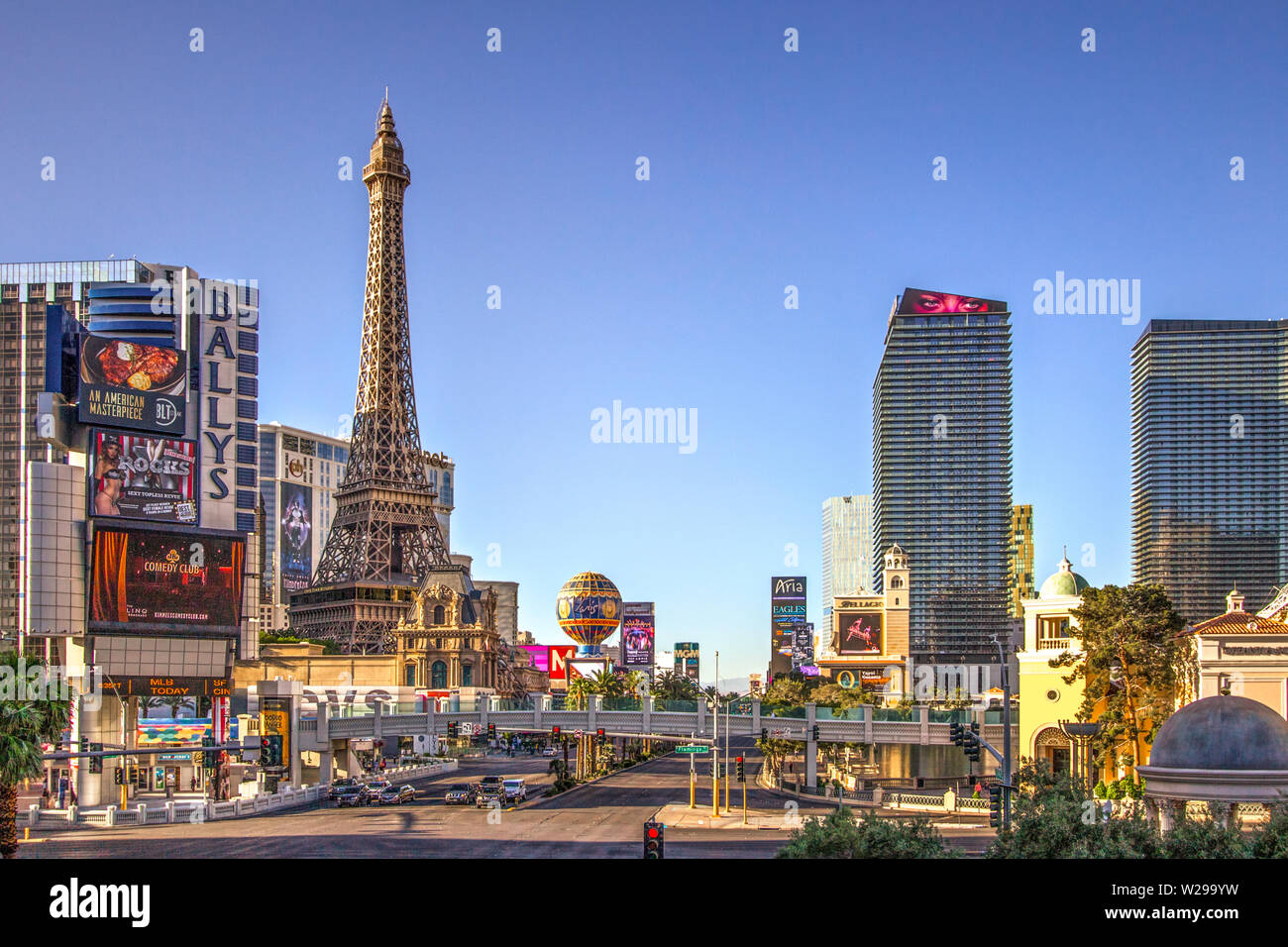 Las Vegas, Nevada, USA - May 6, 2019: View of the famous Las Vegas Strip on a sunny summer day with the Paris resort, Bally's and Aria resort. Stock Photo