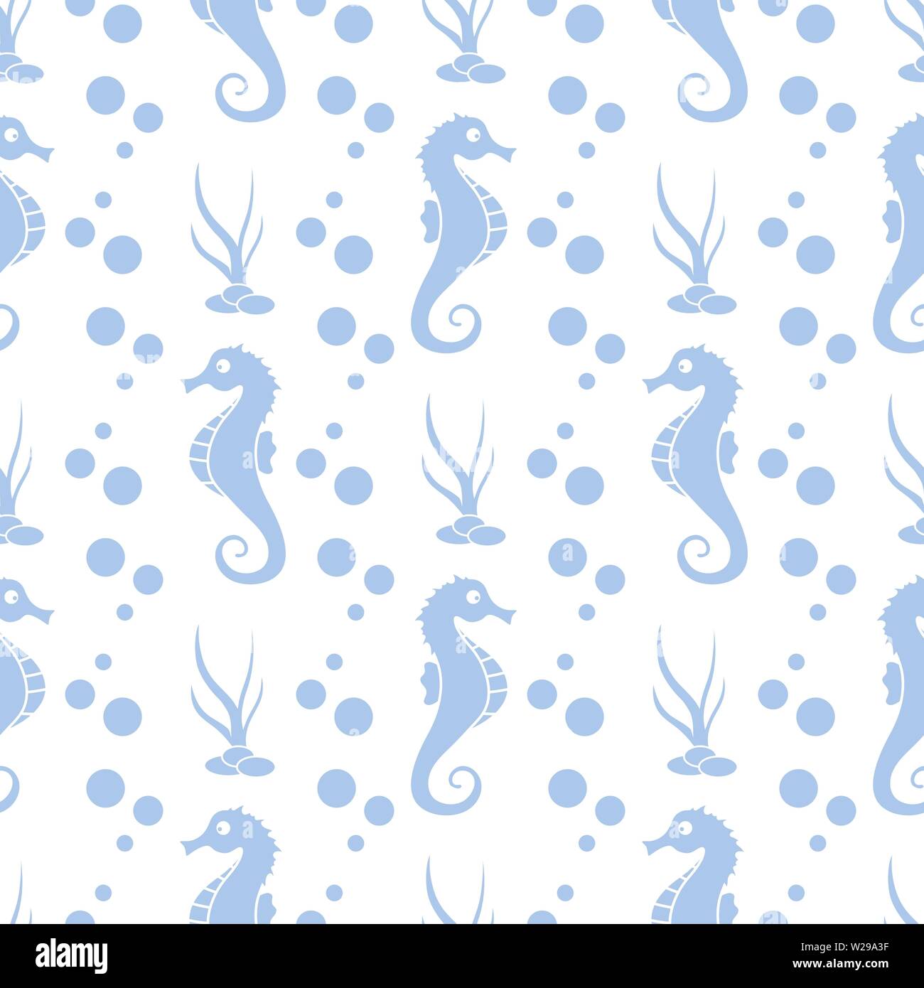 Vector seamless pattern with sea horses, underwater plants and bubbles ...