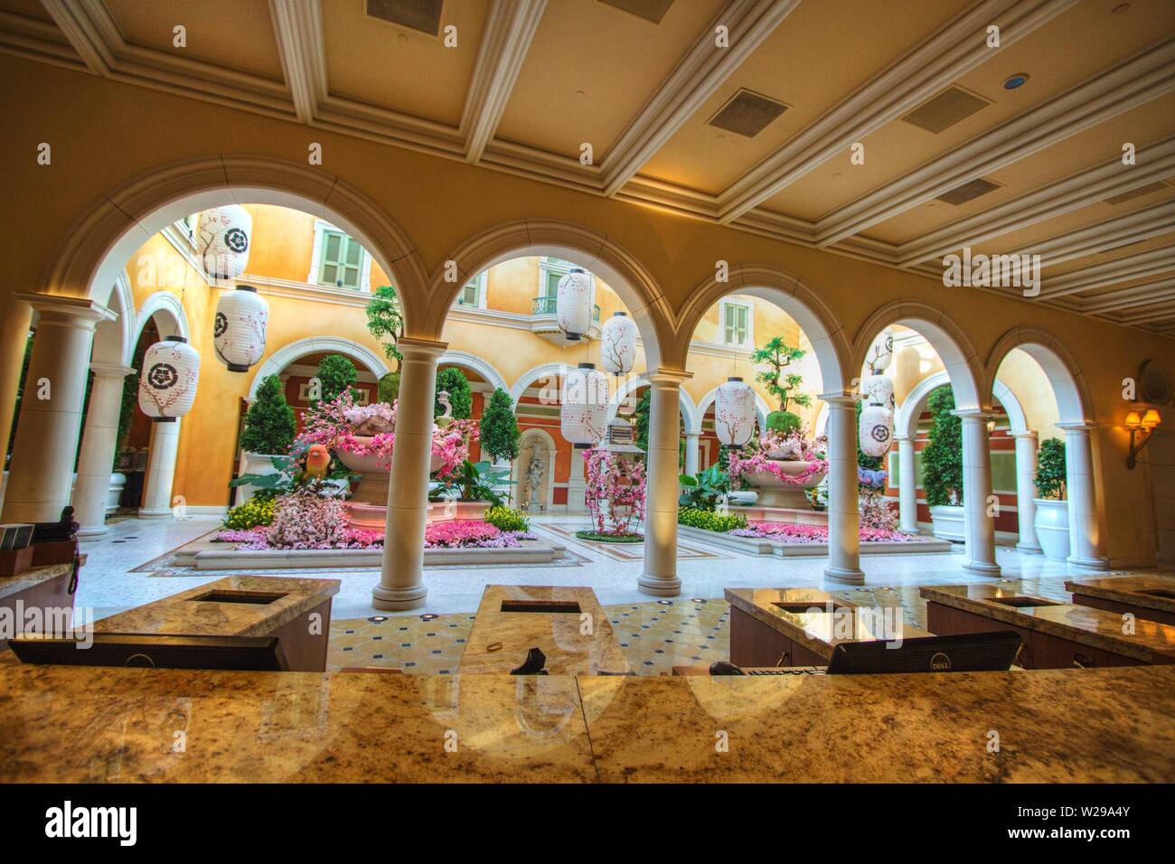 Spring floral display at the Bellagio Casino and Resort conservatory garden. The garden features seasonal floral displays that change with the season Stock Photo