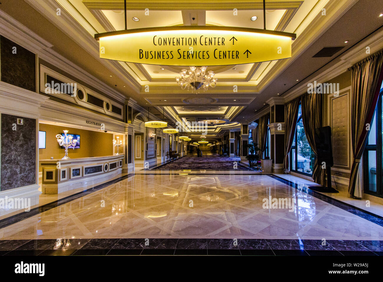 Interior of the Bellagio Hotel with sign for the convention and business center. Renowned for gambling, Las Vegas is also home to massive conventions. Stock Photo