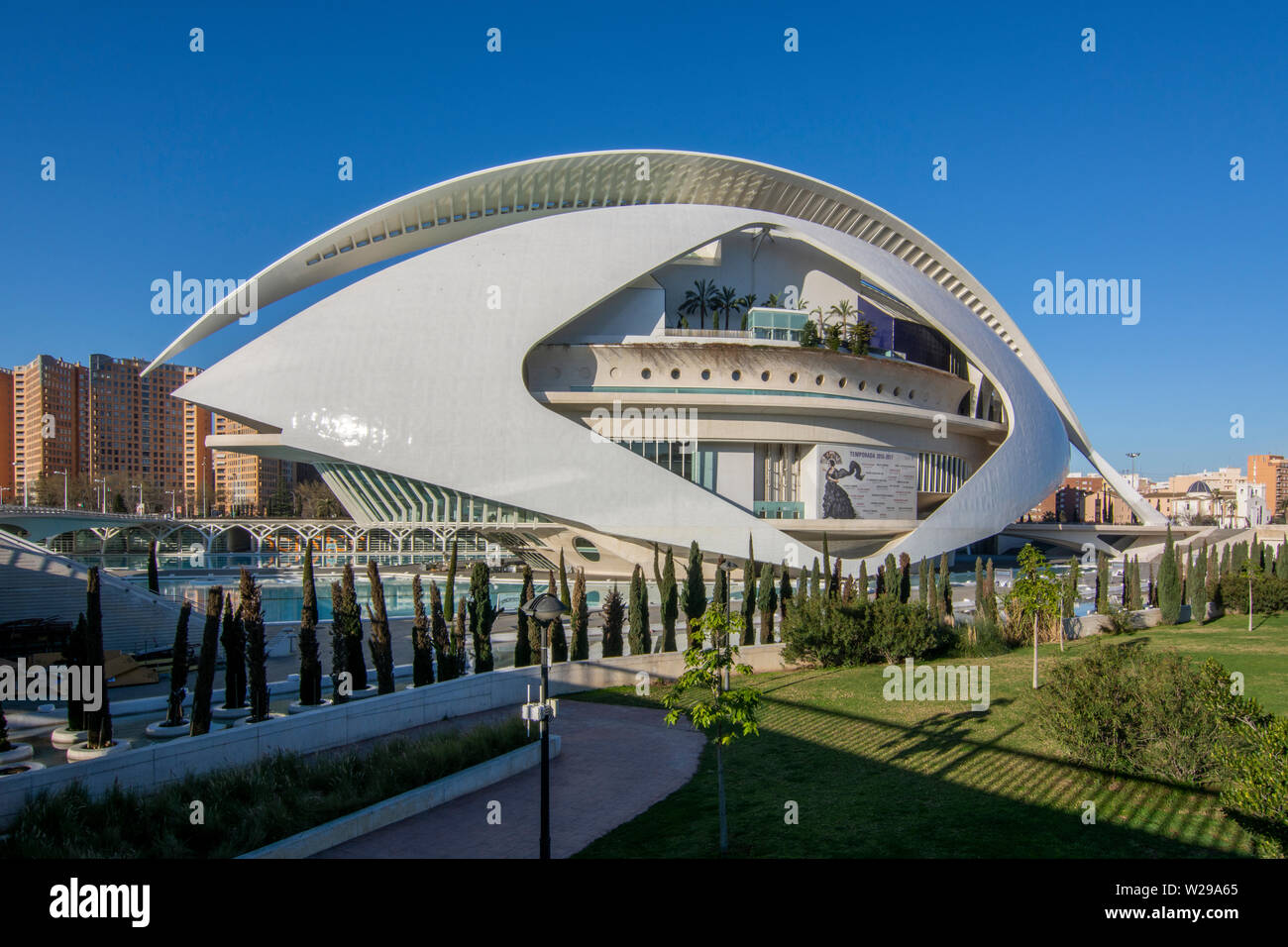 Valencia, Spain; March 2017: a view on one of the buildings of the City of Arts and Sciences named El Palau de les Arts Reina Sofia, on a beautiful wa Stock Photo