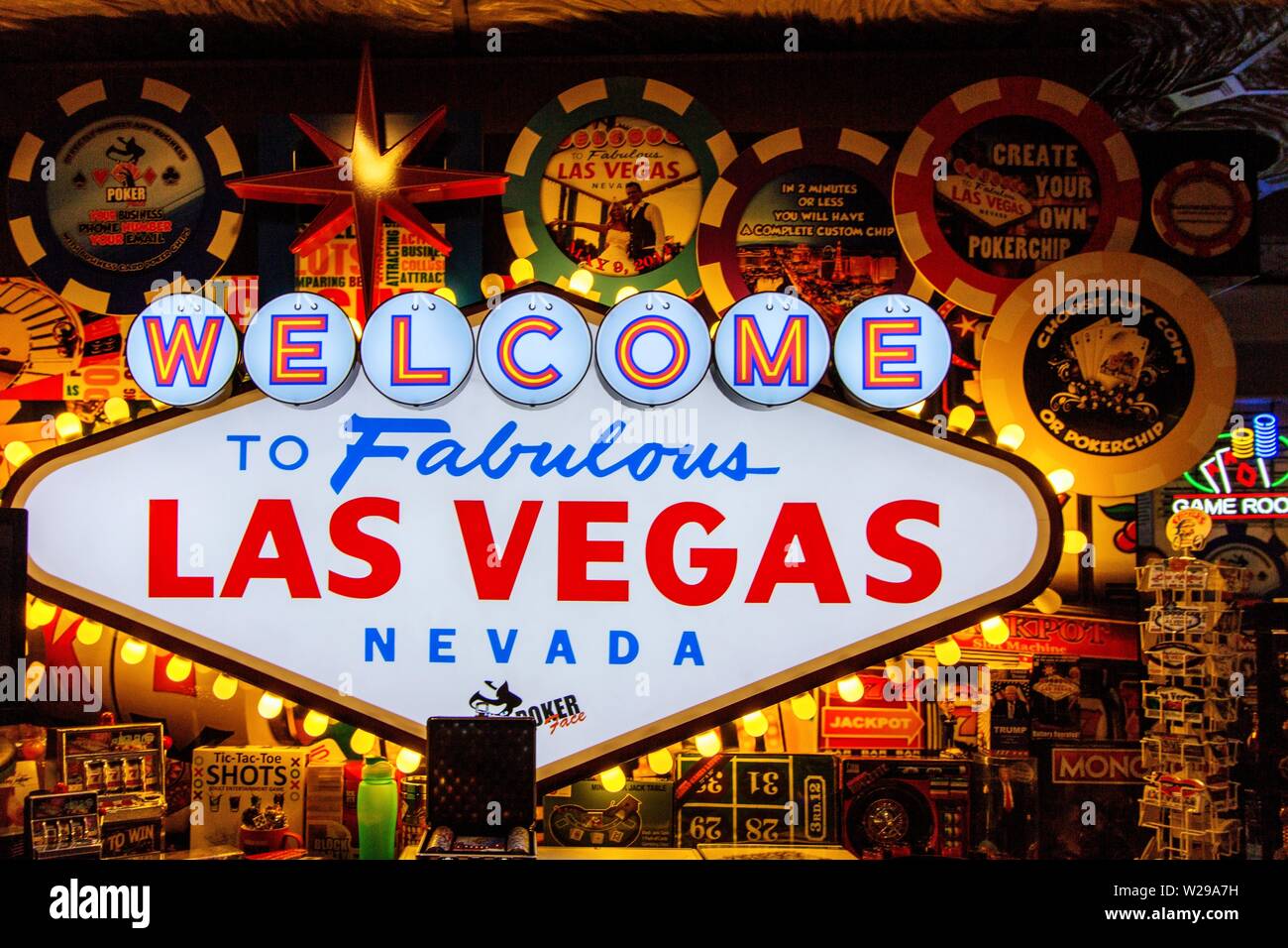 Las Vegas, Nevada, USA - May 6, 2019: Gift shop displays a replica of the Welcome To Fabulous Las Vegas Nevada sign in it's storefront. Stock Photo