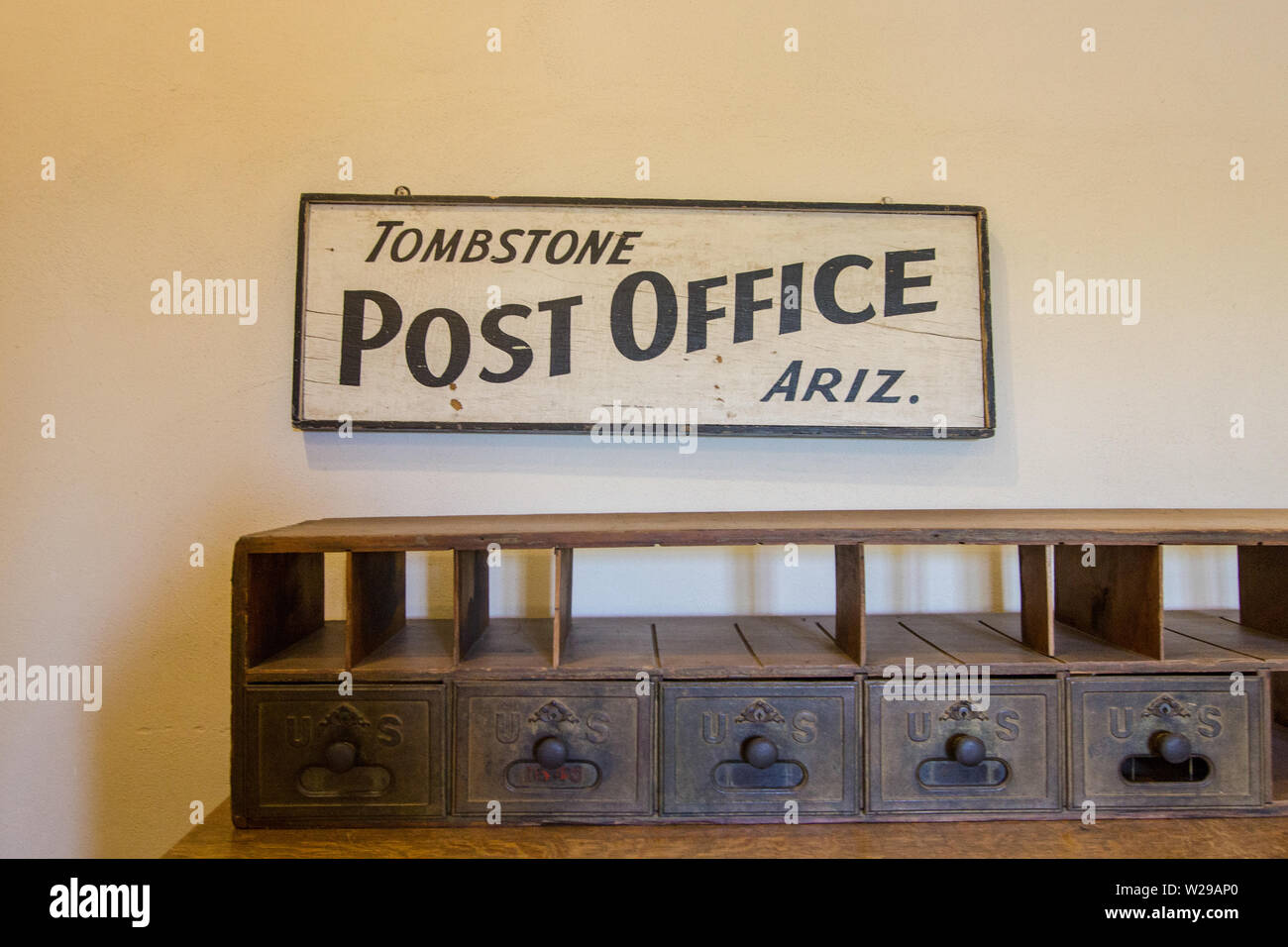 Antique Post Office Box. Interior of historic post office with row of