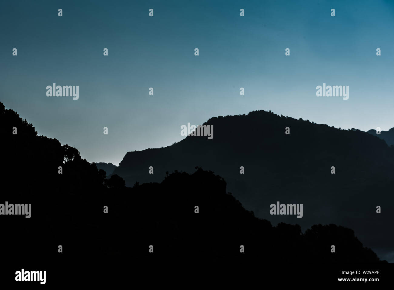 The mountains of Provence in France, silhouette, dark blue night sky, with trees Stock Photo