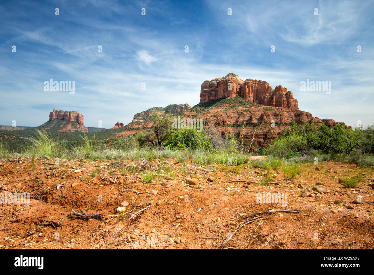 Red Rocks Of Sedona. Scenic Sedona, Arizona red rock landscape with the famous Courthouse and Bell mountain geological formations Stock Photo