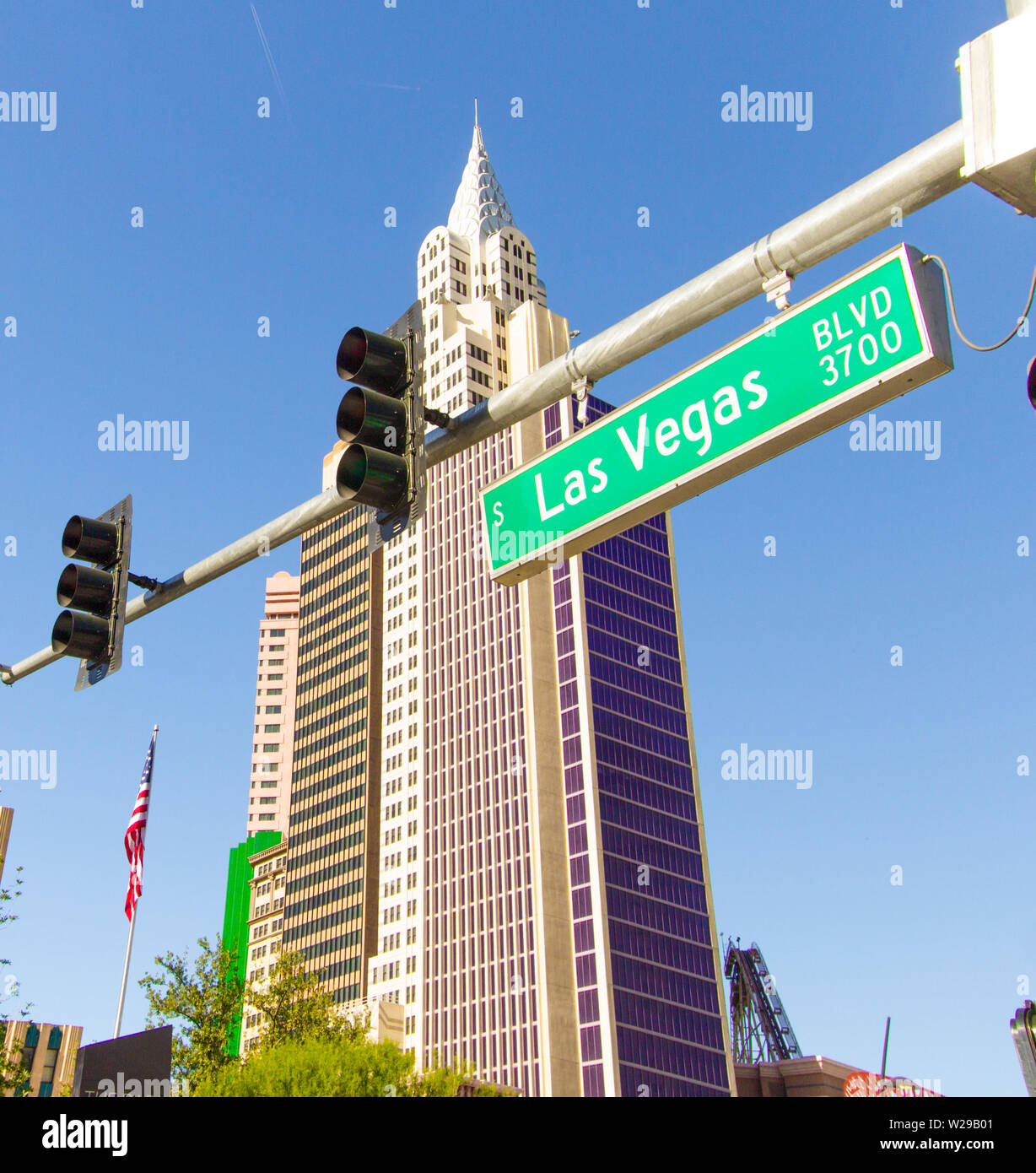Vertical street scene of the Las Vegas Boulevard with street light and sign. Stock Photo
