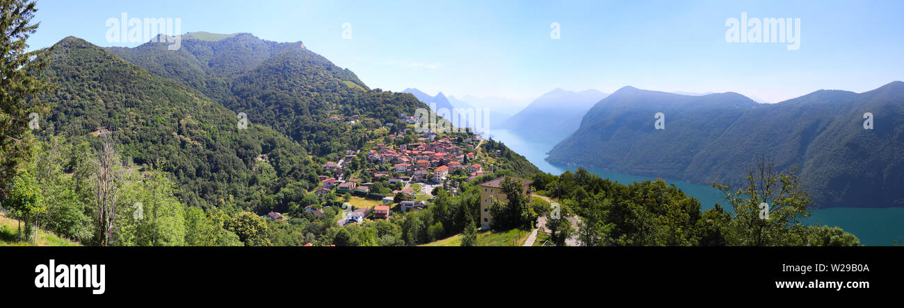 Panoramic view of the village of Bre from Monte Bre next to Lugano, Switzerland Stock Photo