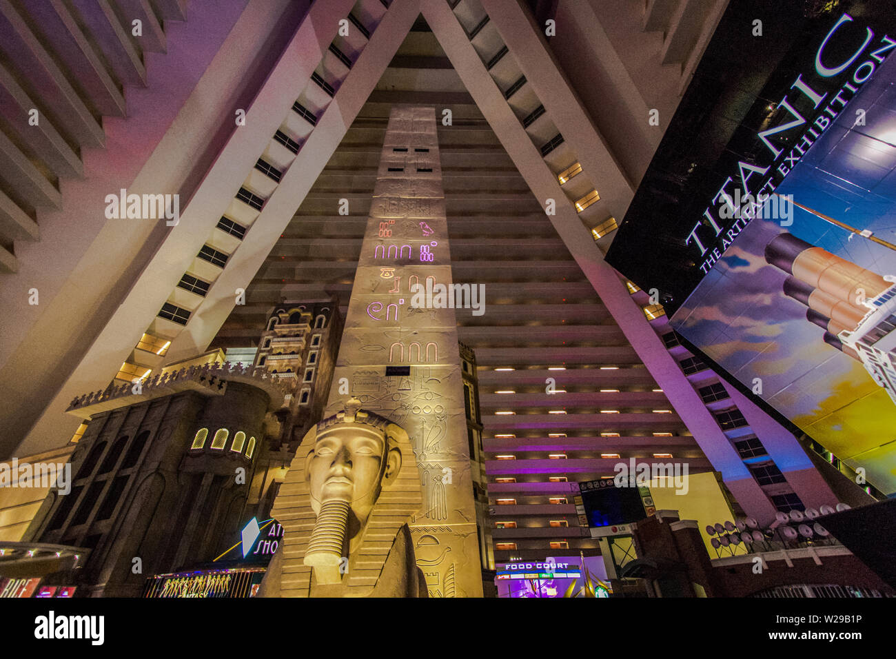 The atrium at the Luxor Hotel in Las Vegas. The Luxor claims to have the largest atrium in the world at 29 million cubic feet. Stock Photo