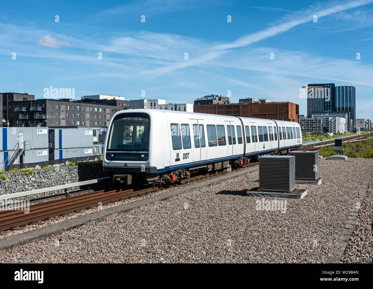 Driverless electric metro train approaching Vestamager station in Ørestad Amager Copenhagen Denmark Europe Stock Photo