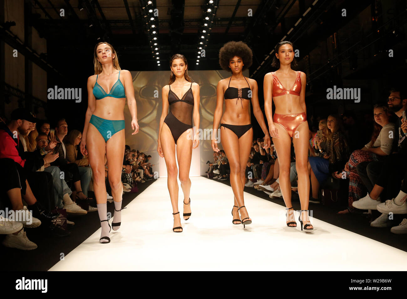Berlin, Germany. 06th July, 2019. Models show fashion at the Lascana  Fashion Show during the About You Fashion Week at the E-Werk in Berlin.  Collections for Spring/Summer 2020 will be presented at