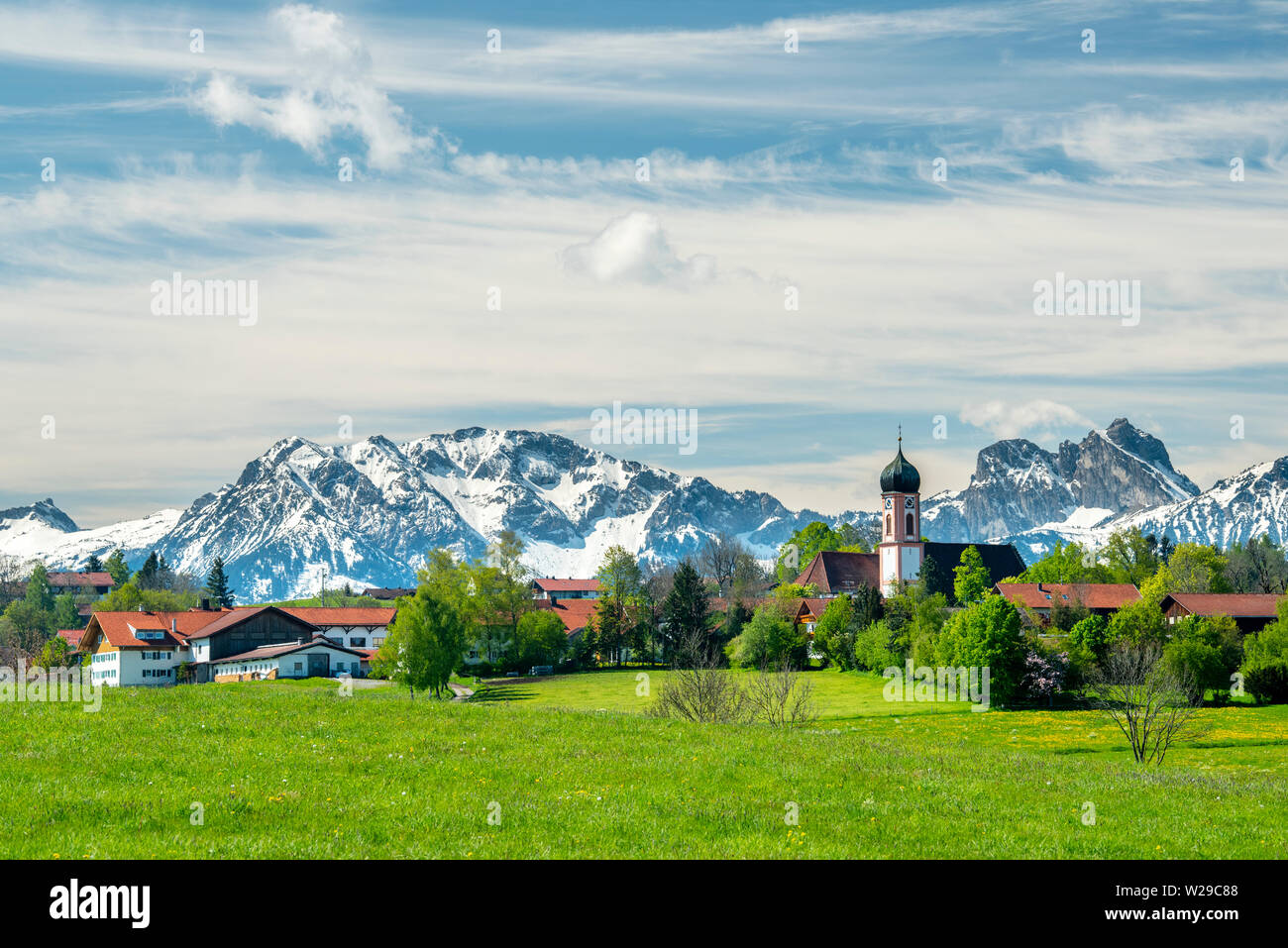 panoramic landscape in Bavaria nearby town Seeg in Allgaeu Stock Photo