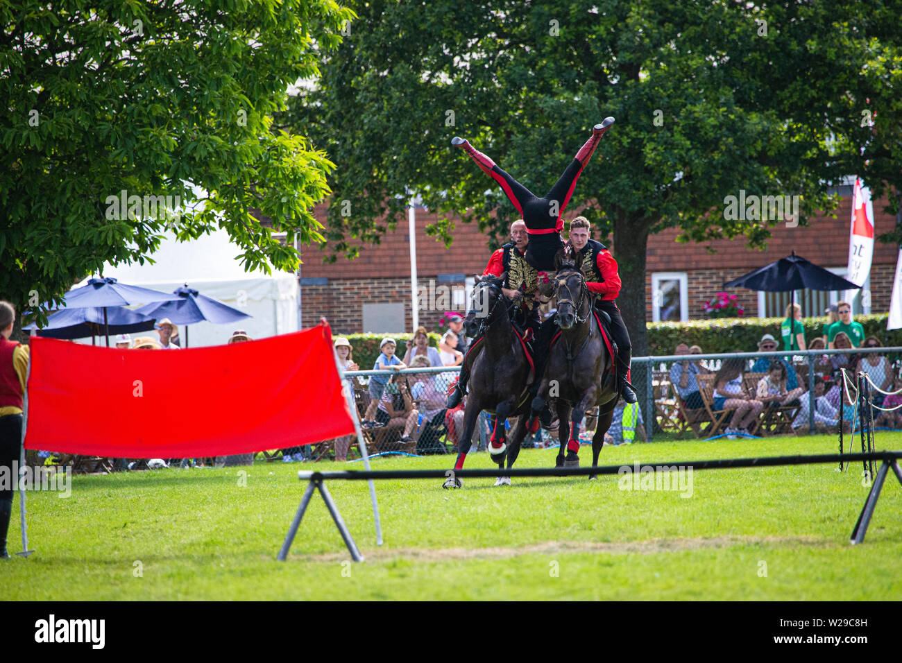 90th Kent County Show, Detling, 6th July 2019. Stunts on horseback Stock Photo