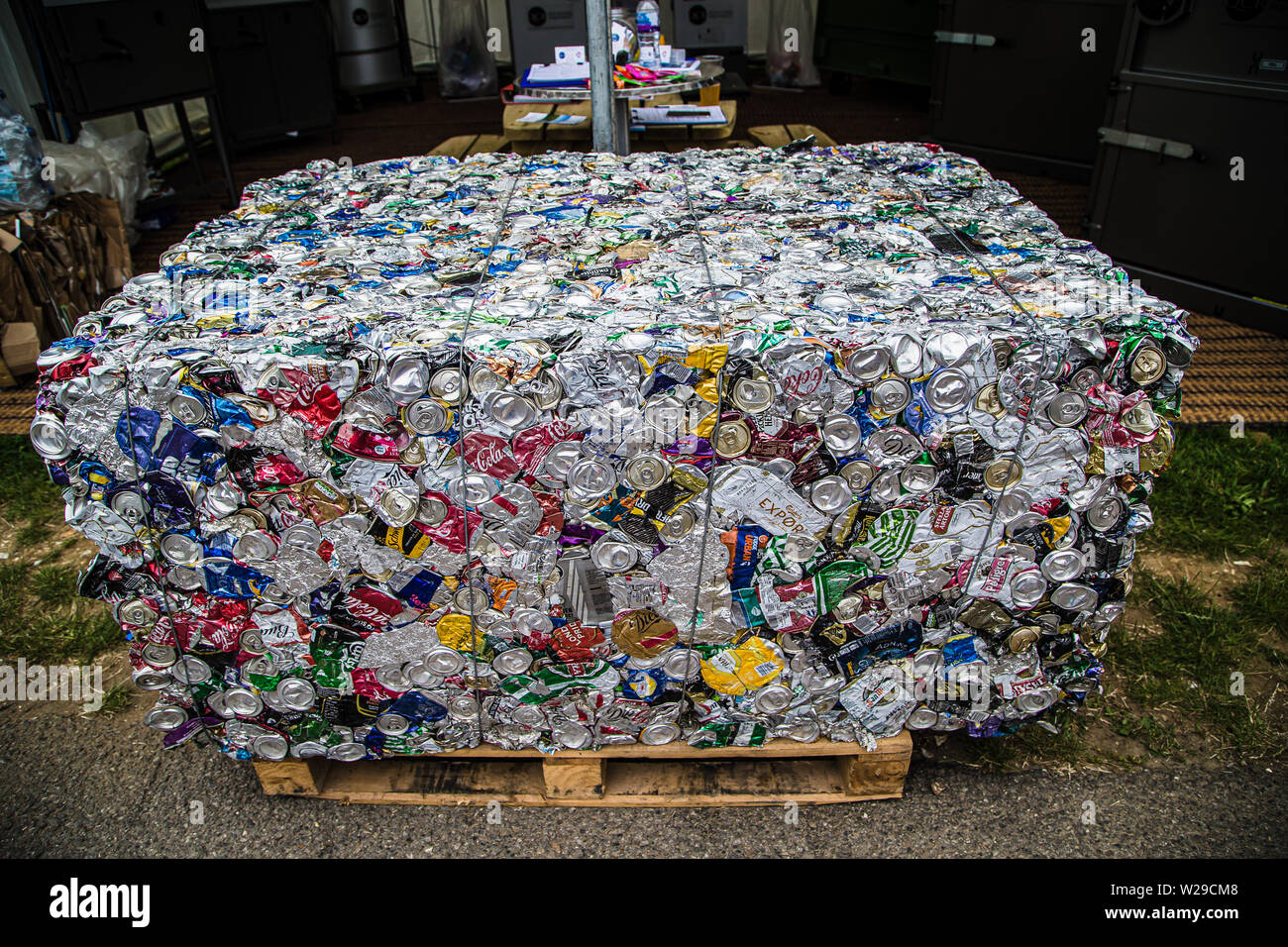 90th Kent County Show, Detling, 6th July 2019. A stack of aluminium