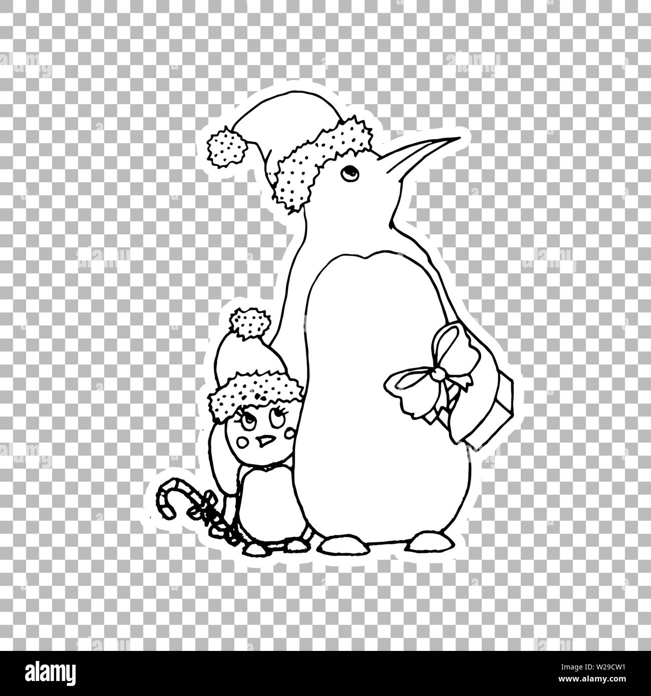 Penguin family Sticker vector linear illustration. Winter hand drawn clipart. Black and white sticker on transparent background. Christmas, New Year d Stock Vector