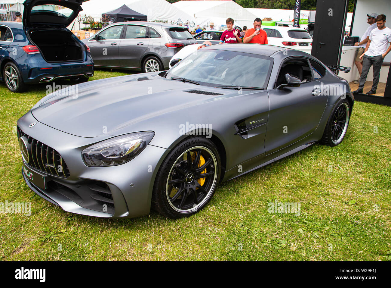 90th Kent County Show, Detling, 6th July 2019. Mercedes AMG GT car in matt grey at the Mercedes Stand. Stock Photo