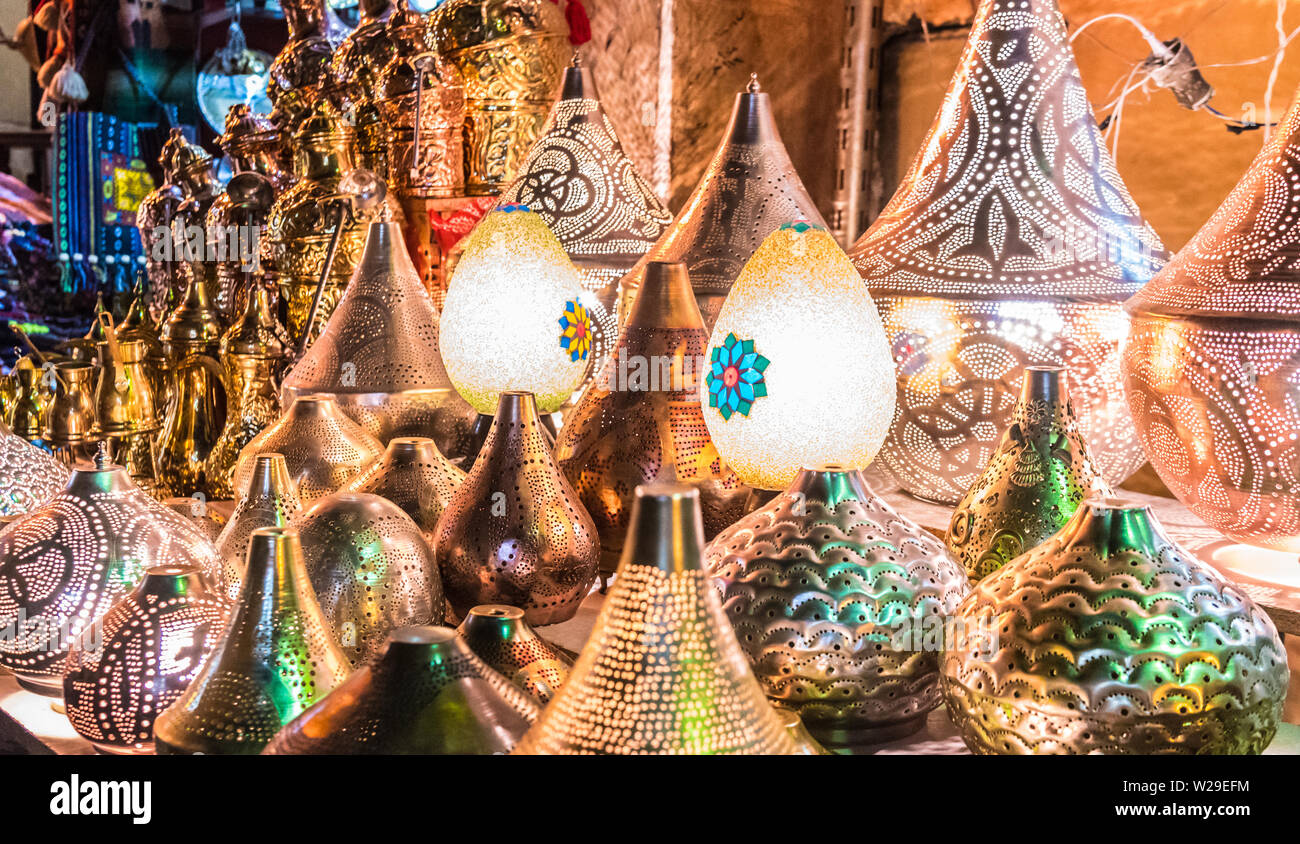 Colorful, bright, Egg shaped and metallic lamps on display in Khan Al Khalili bazaars in Al Moez street. Stock Photo