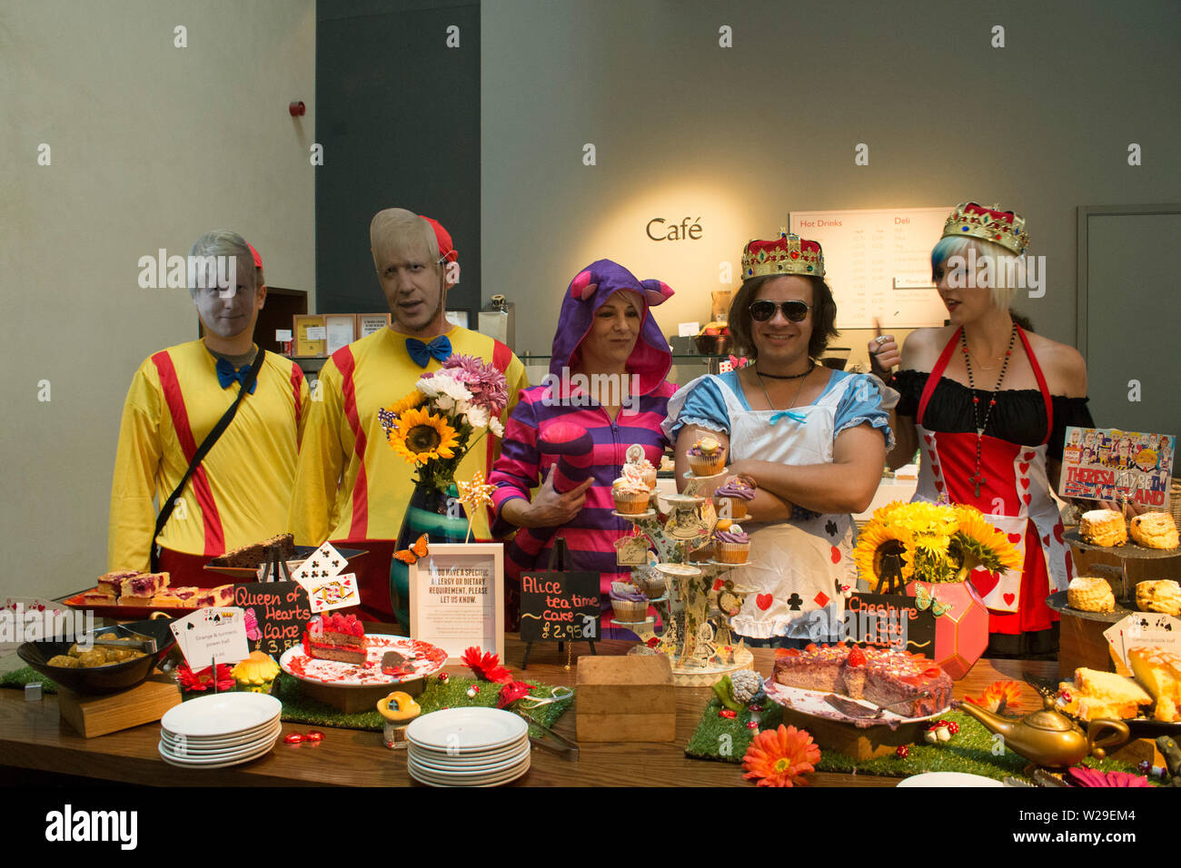 6 July 2019 - Oxford, UK - Inside the cafe at Weston Library with Mad Hatters Tea Party including Madeleina Kay and Joel Baccas. Stock Photo