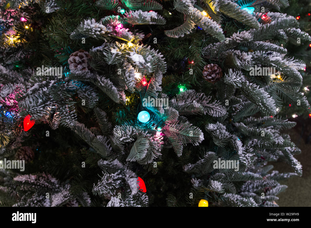 Festive Holiday Background. Christmas tree decorated with ornaments and illuminated with multi colored lights in panoramic orientation Stock Photo