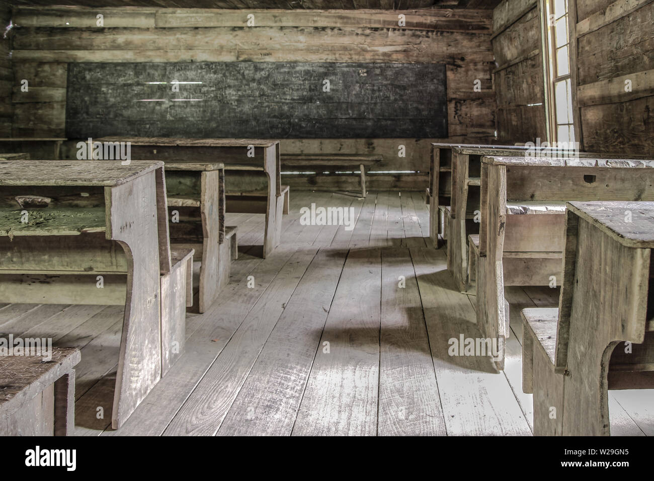 Pioneer One Room Schoolhouse in the Great Smoky Mountains National Park in Tennessee. Stock Photo