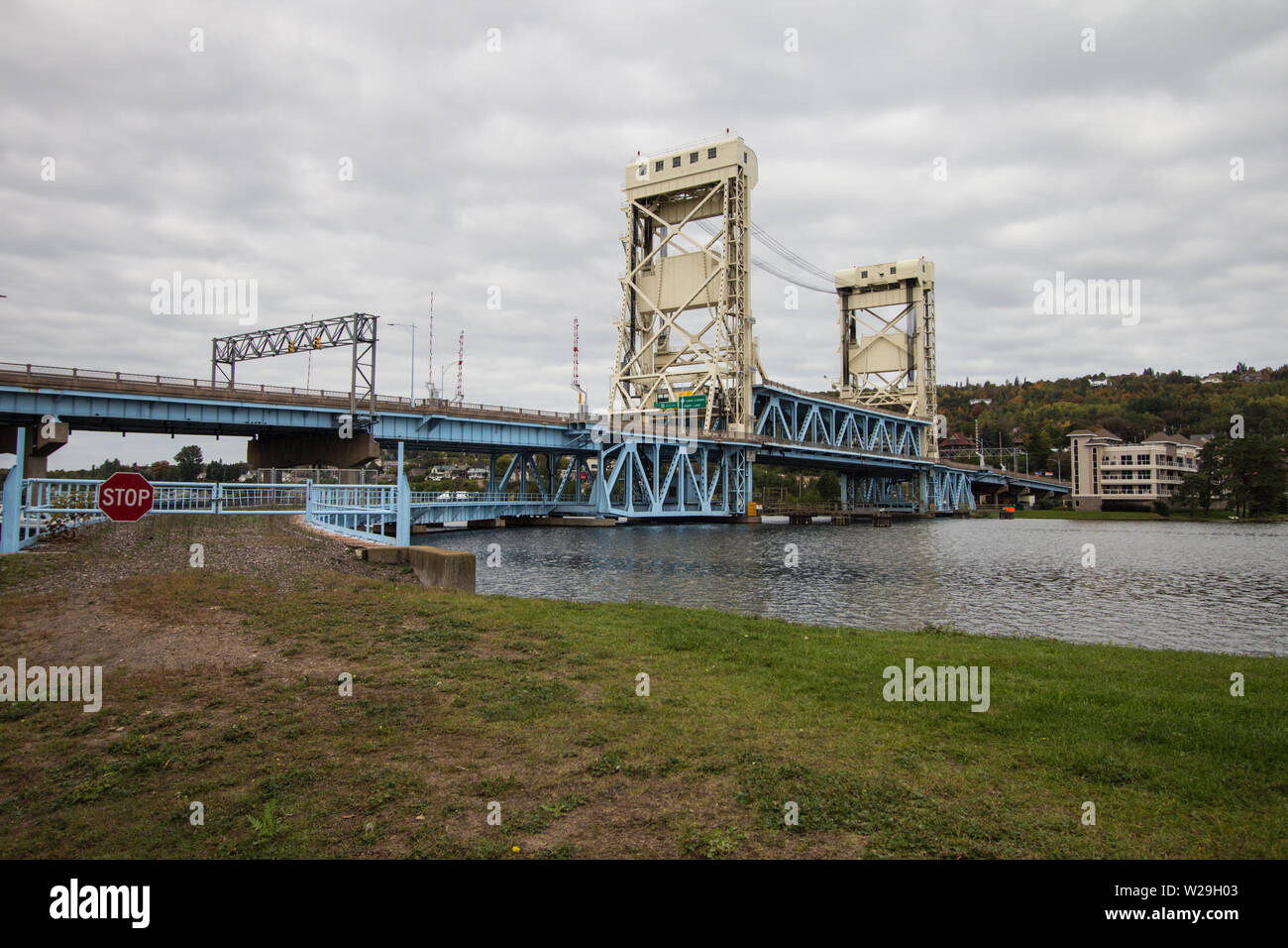 Bridgeview Park in downtown Houghton Michigan with the historical Portage Lift Bridge in the background. Stock Photo