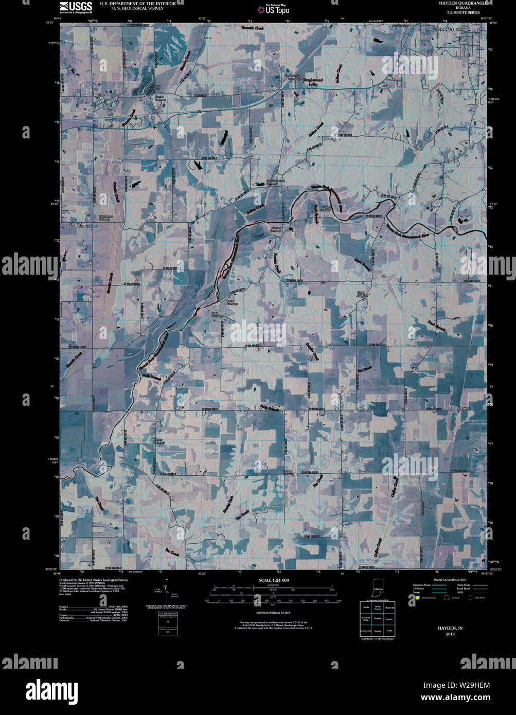 USGS TOPO Map Indiana IN Hayden 20100525 TM Inverted Restoration Stock Photo