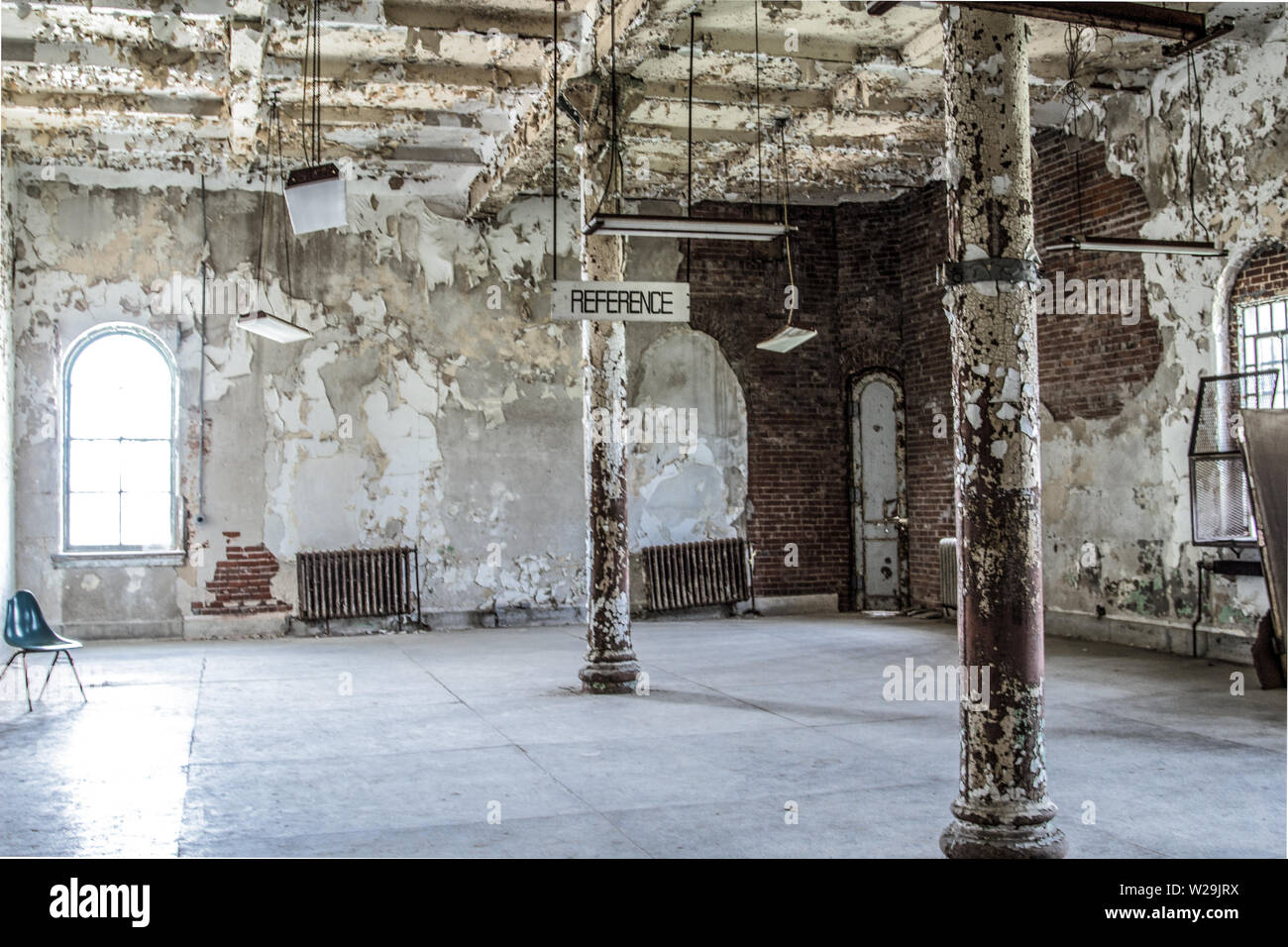 Ohio State Reformatory Prison. Abandoned and spooky interior of the old library. Stock Photo