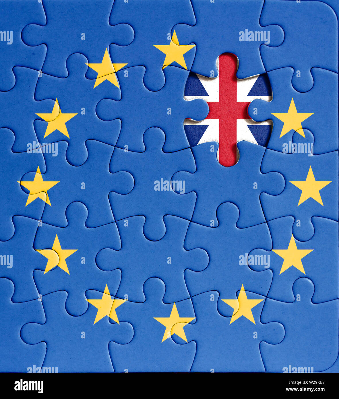 brexit puzzle. european union flag with missing Grat Britain star Stock Photo