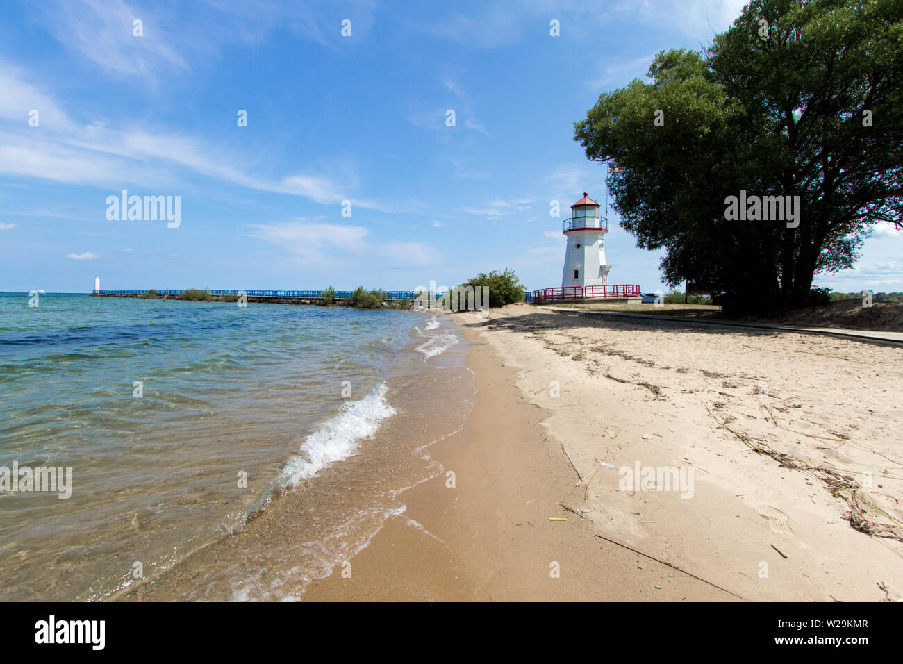 Cheboygan Michigan Beach. Lighthouse on the Lake Huron coast on the
