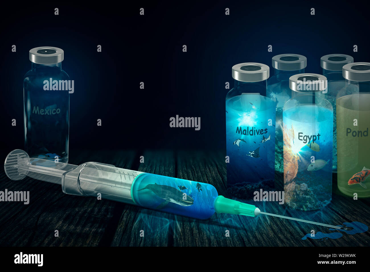 Different dive sites in glass vials with syringe - 3D illustration choose the right drug Stock Photo