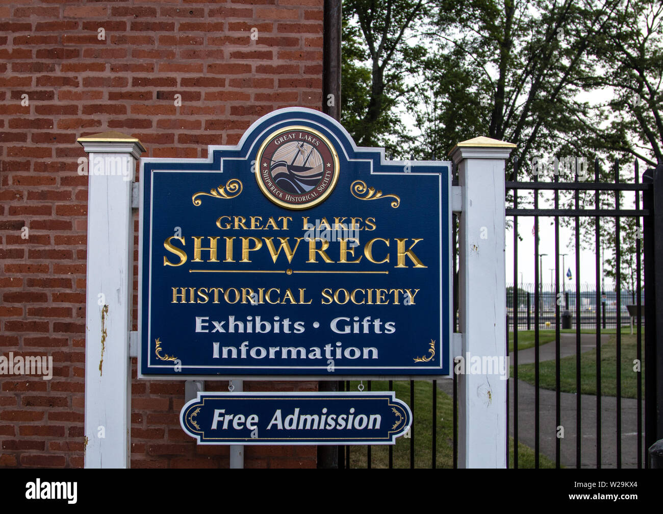 Sault Ste Marie, Michigan, USA - Sign for the entrance to the Great Lakes Shipwreck Historical Museum at the Soo Locks Visitor Center in Michigan. Stock Photo